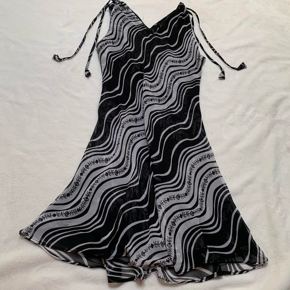 Vintage Reversible Black & White Striped/Floral Chiffon Bias Cut Mini Dress